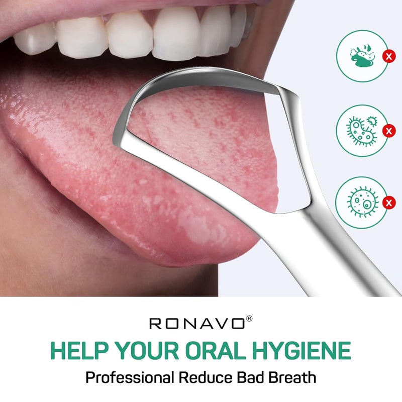RONAVO Tongue Scraper Cleaner for Adults and Kids with Handy Travel Case, Professional Heavy Duty Scraper, Healthy Oral Care, Fights Bad Breath Odor, Easy to Use, 2 Sizes (4 Pack) - Image 2